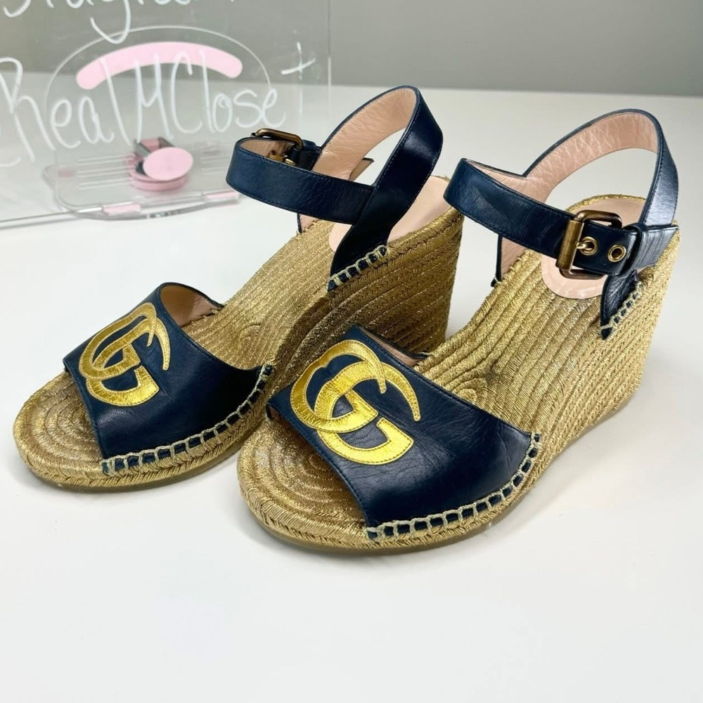 Gucci Navy and Gold Espadrille Wedges - Picture 4 of 11